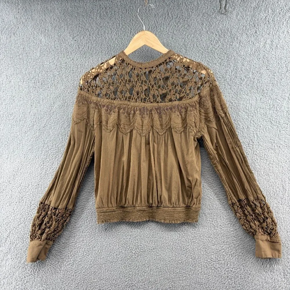 Free People Better For You Crochet Embroidered Victorian Blouse Top Long Sleeve